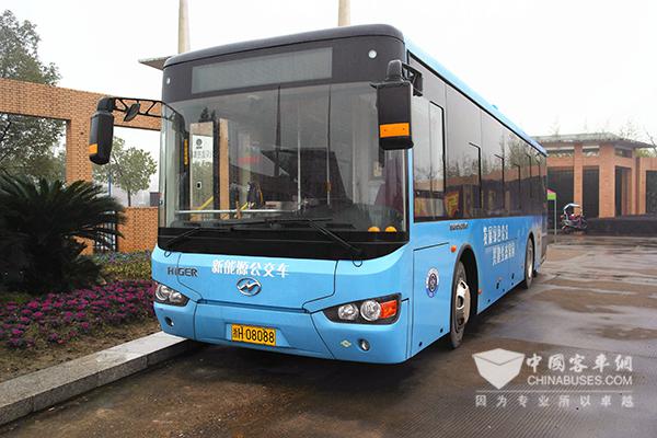 衢州学院门前的海格插电式混动公交车