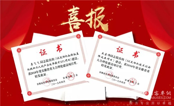 玉柴联合动力两大项目获安徽省“2018年度重大合理化建议”项目奖