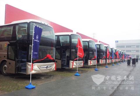 整装待发的15辆豪华客车