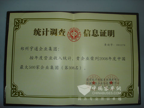 宇通客车荣获2008年度中国最大500家企业集团第308名