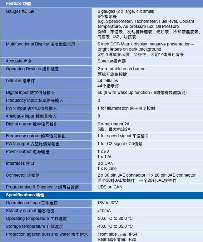 德国大陆汽车BusIC客车智能组合仪表功能表